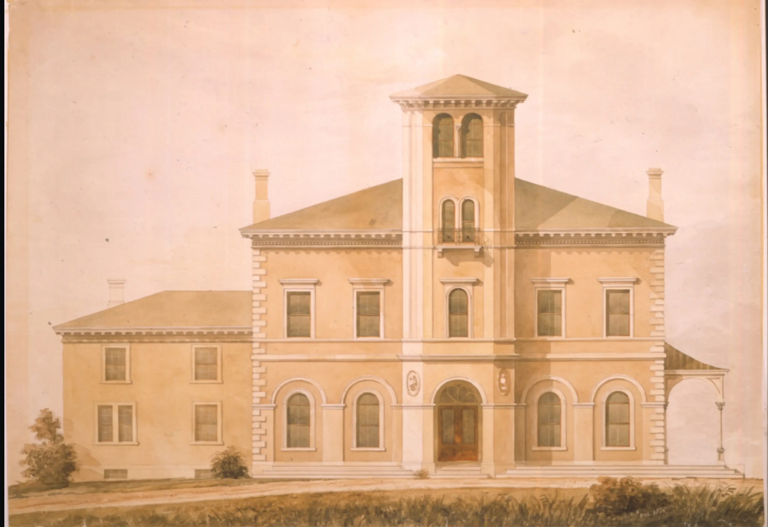 An architectural drawing of Bramhall, John Bundy Brown's mansion on the Western Promenade in Portland, Maine, which was designed by Charles A. Alexander (1828-1888) and built between 1855 and 1858.